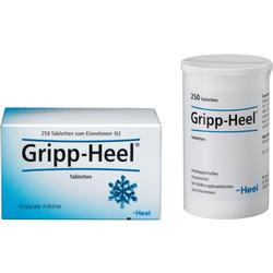 Eine Schachtel und Dose von Gripp-Heel Tabletten gegen Erkältungen.