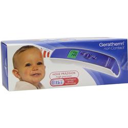 Eine Verpackung mit einem Babybild zeigt ein berührungsloses Thermometer.