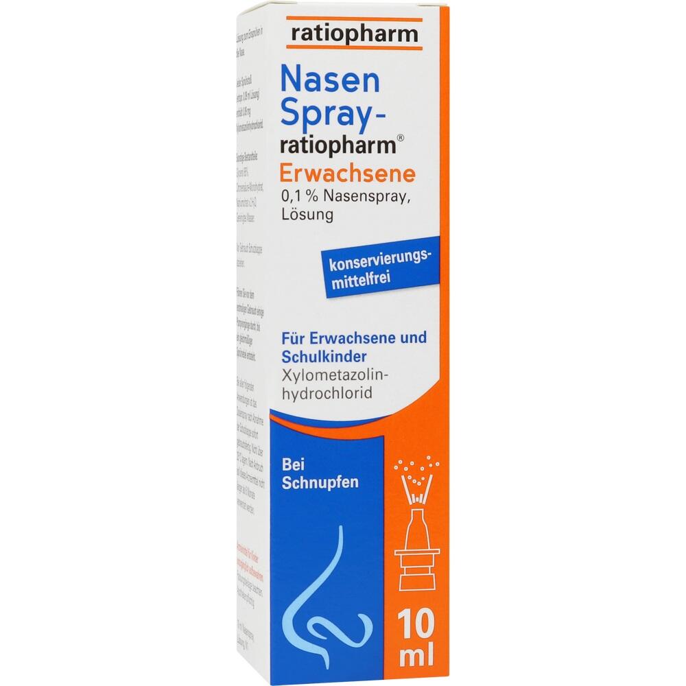 Eine Packung Nasenspray für Erwachsene und Schulkinder gegen Schnupfen.