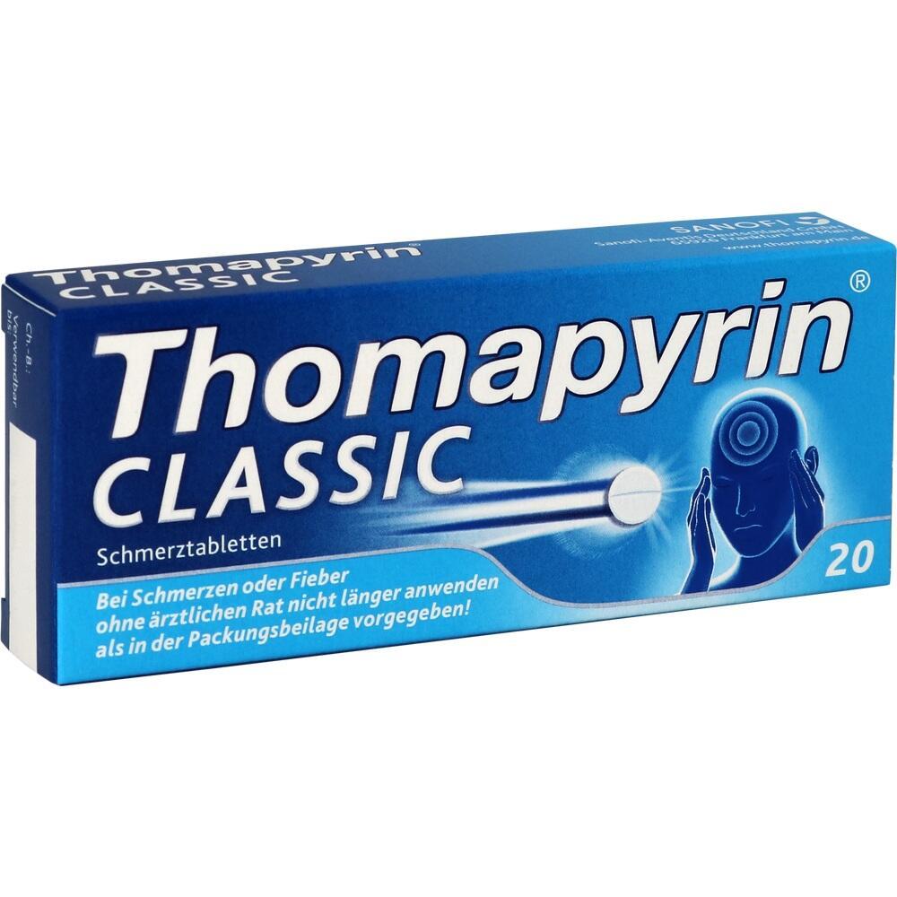 Blaue Medikamentenpackung mit der Aufschrift "Thomapyrin Classic" für Schmerzen.