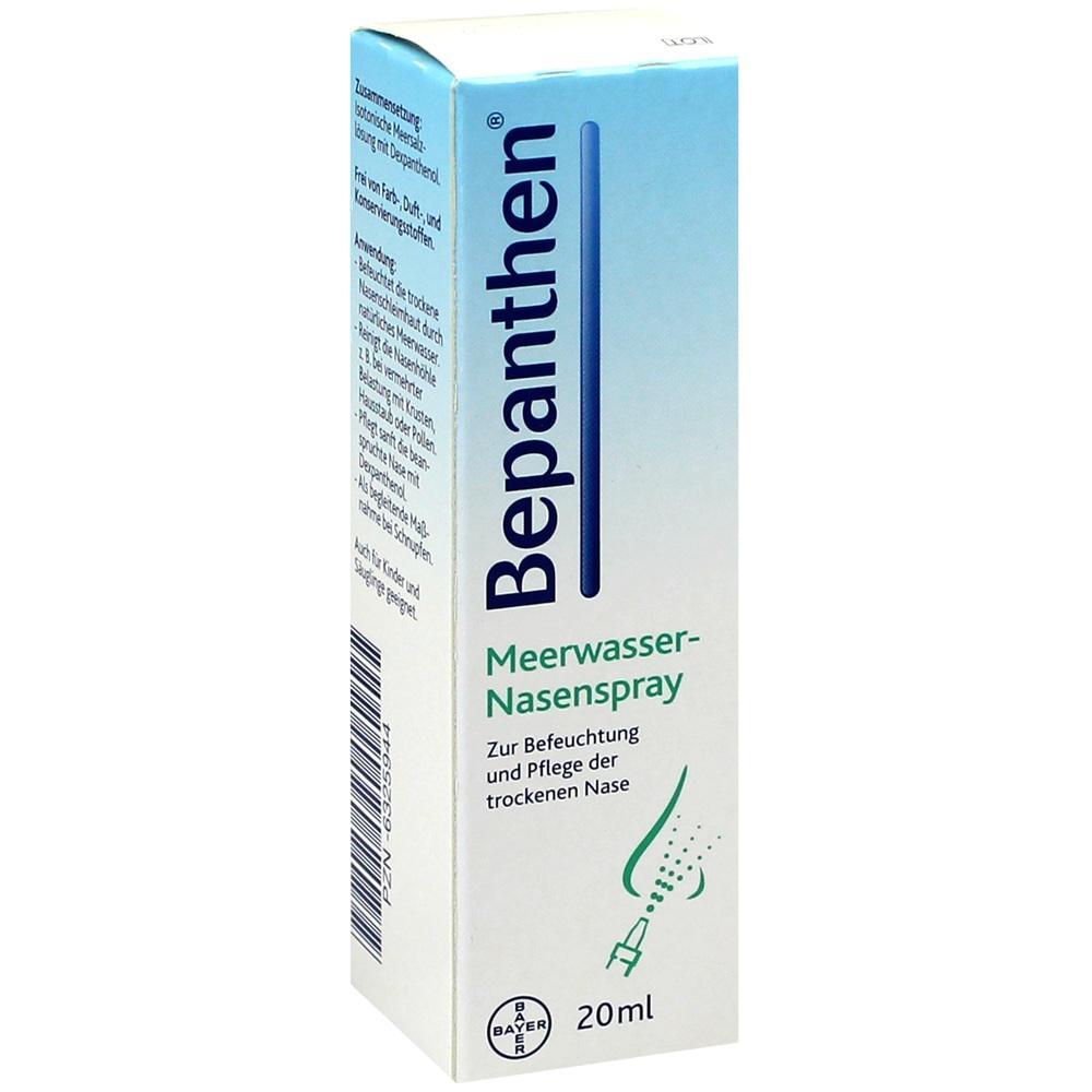 Eine Schachtel Bepanthen Meerwasser-Nasenspray f&uuml;r die Pflege der trockenen Nase.
