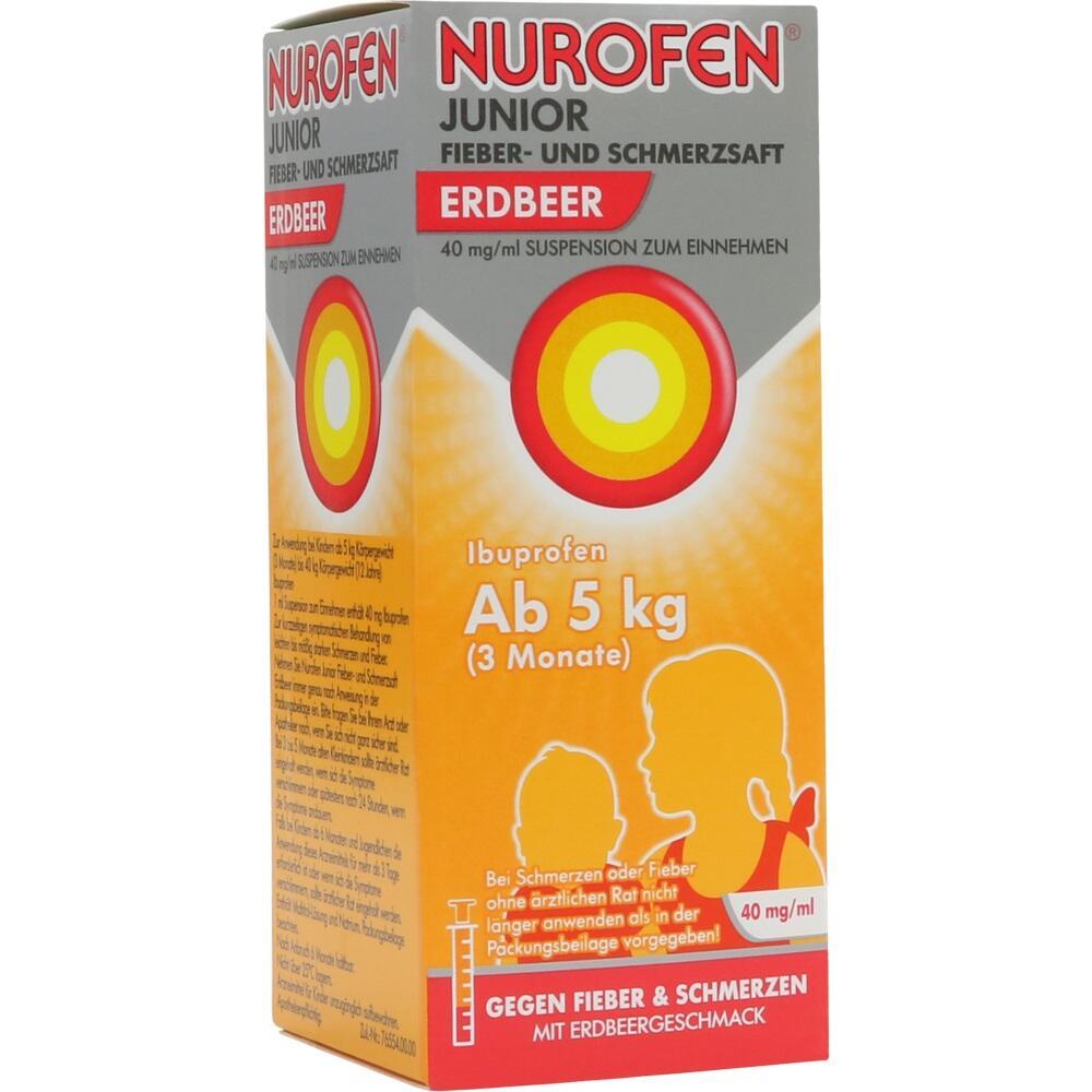 Packung Nurofen Junior, ein Schmerz- und Fiebersaft für Kinder ab 5 kg, mit Erdbeergeschmack.